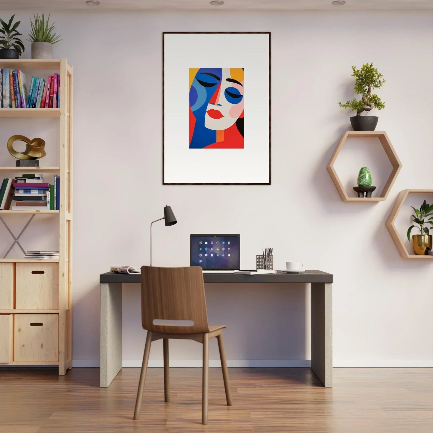 Modern home office with desk, chair, and Colors Reverie framed wall art decor