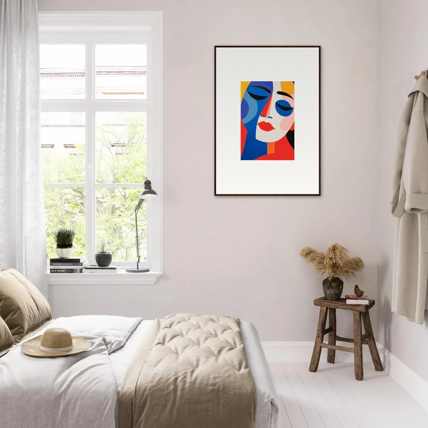 Colorful abstract portrait in a black frame, perfect for room decor as framed wall art