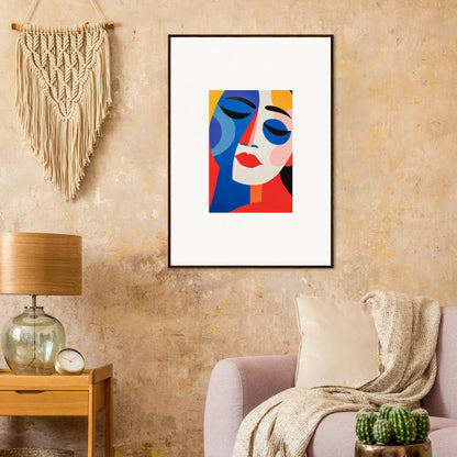 Framed wall art featuring bold geometric shapes in blue, red, and yellow for colors reverie