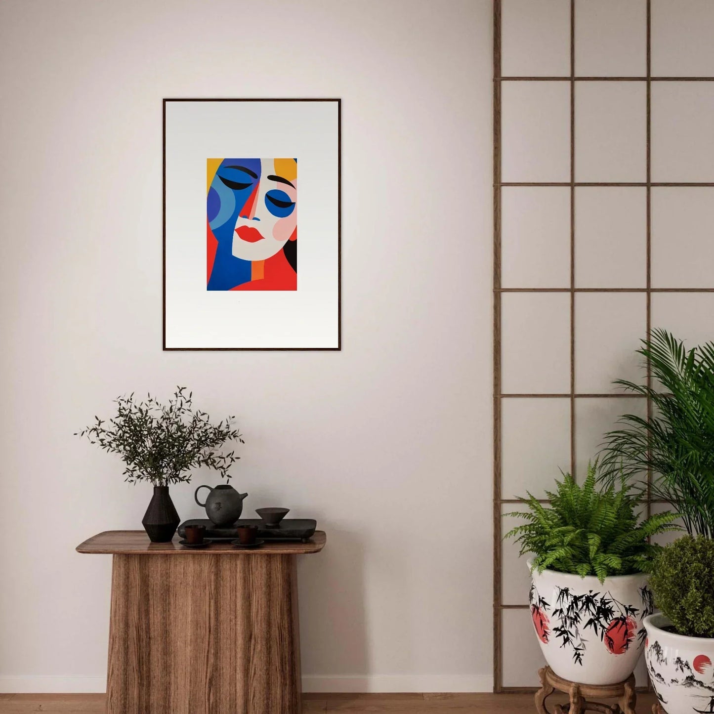 Abstract portrait with bold shapes and vibrant colors for your room decor as framed wall art