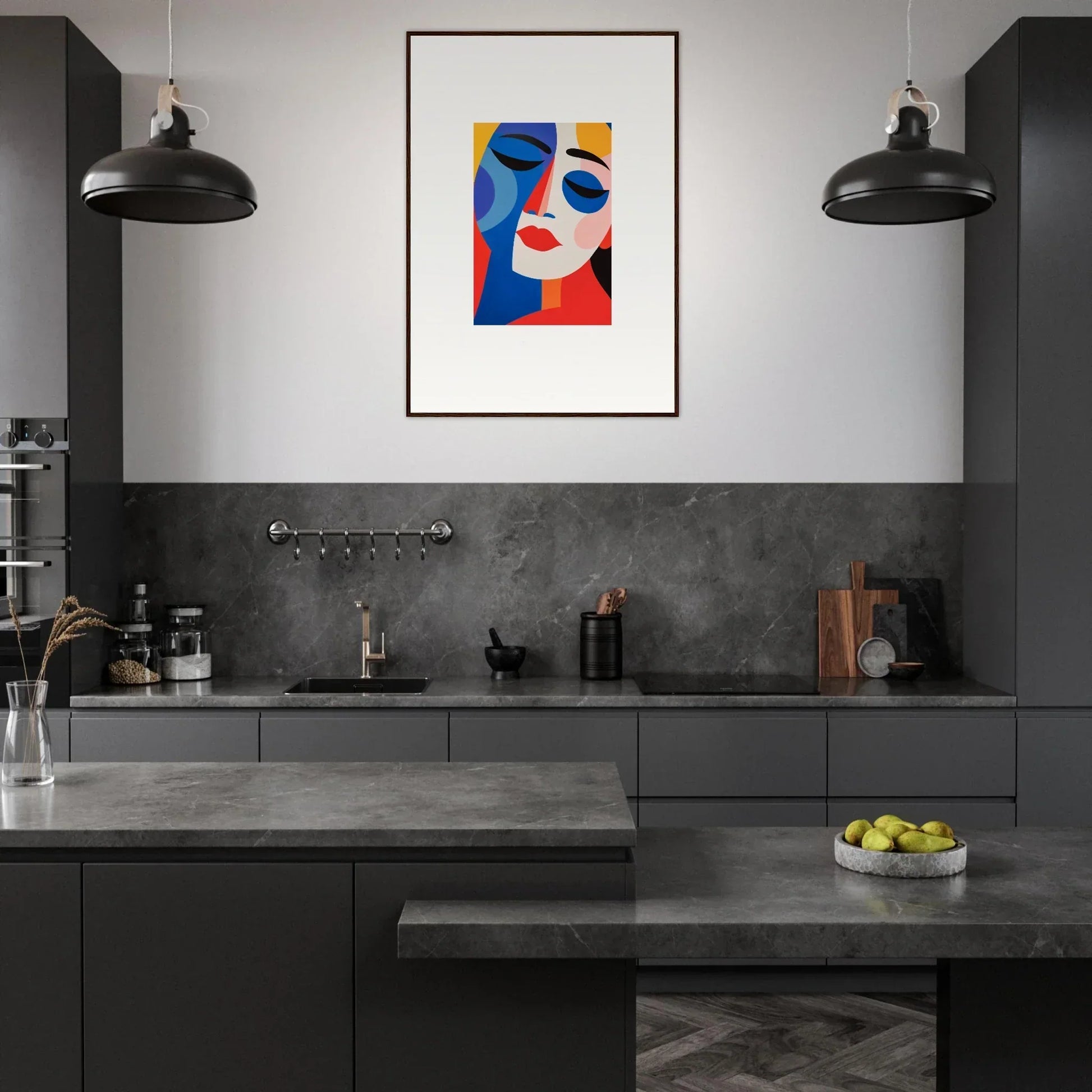 Modern kitchen featuring dark cabinetry and Framed Wall Art, Colors Reverie for room decor