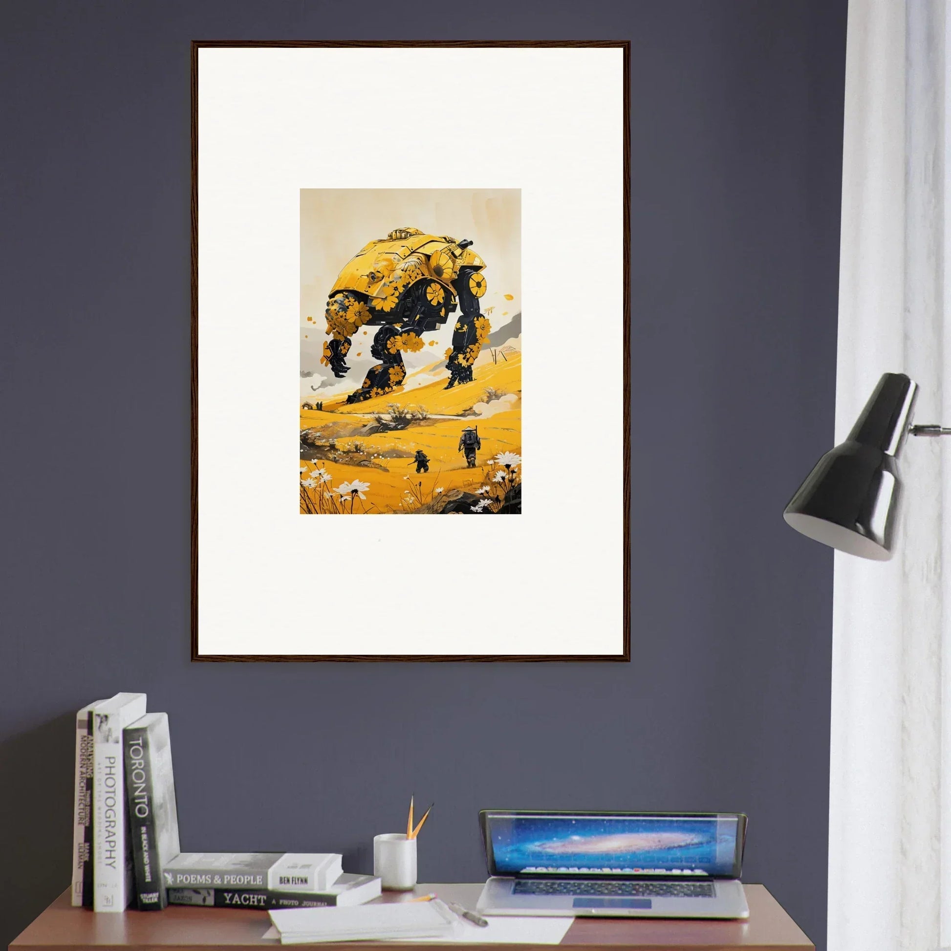 Framed canvas print of a tranquil mech towering over a desert scene for unique room decoration