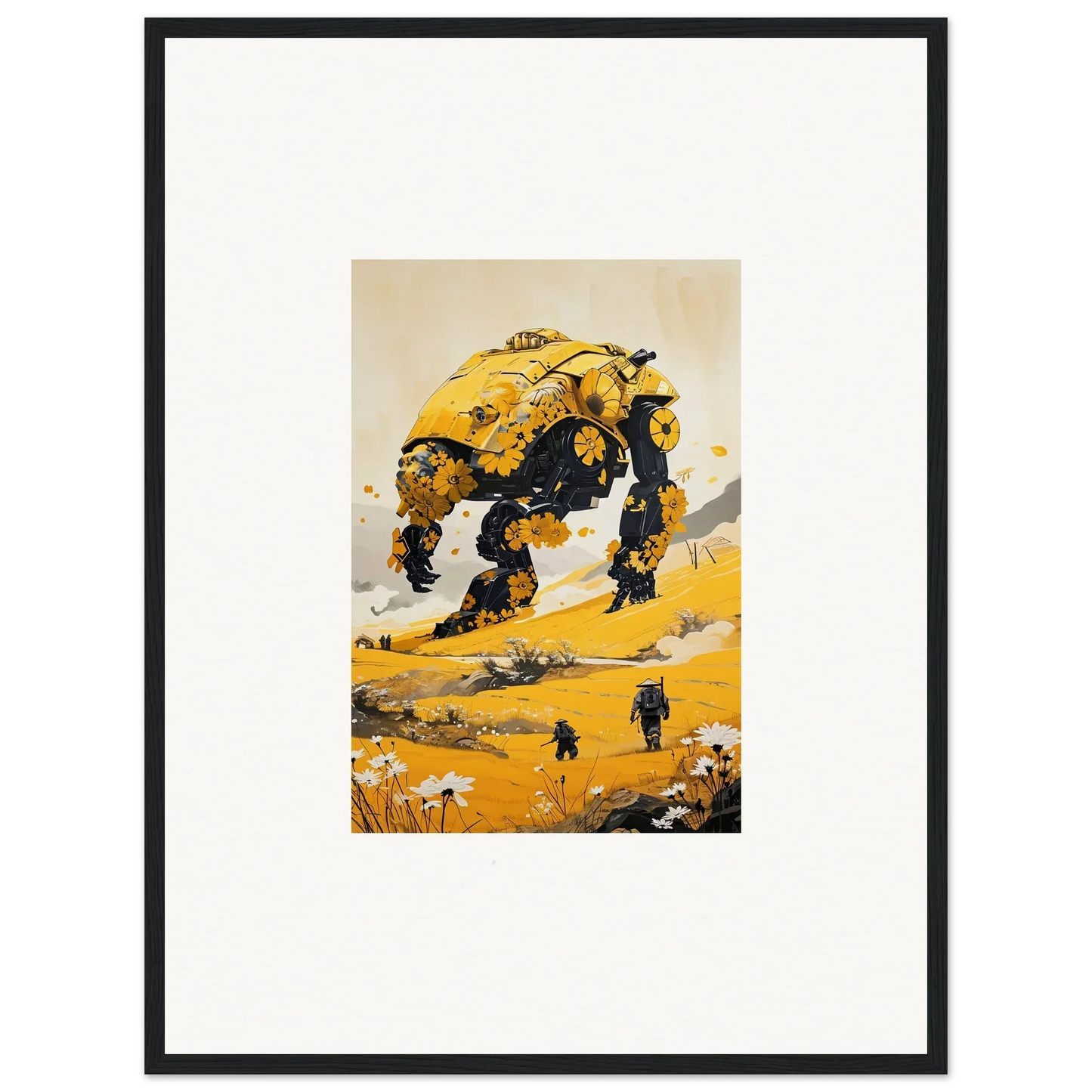 Yellow tranquil mech with four legs on a desert for cool room decoration canvas print