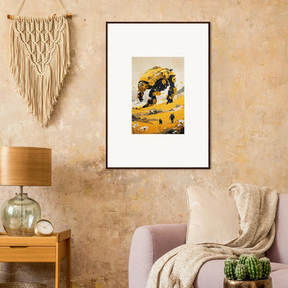 Framed canvas print of a tranquil mech figure on a yellow background for room decoration