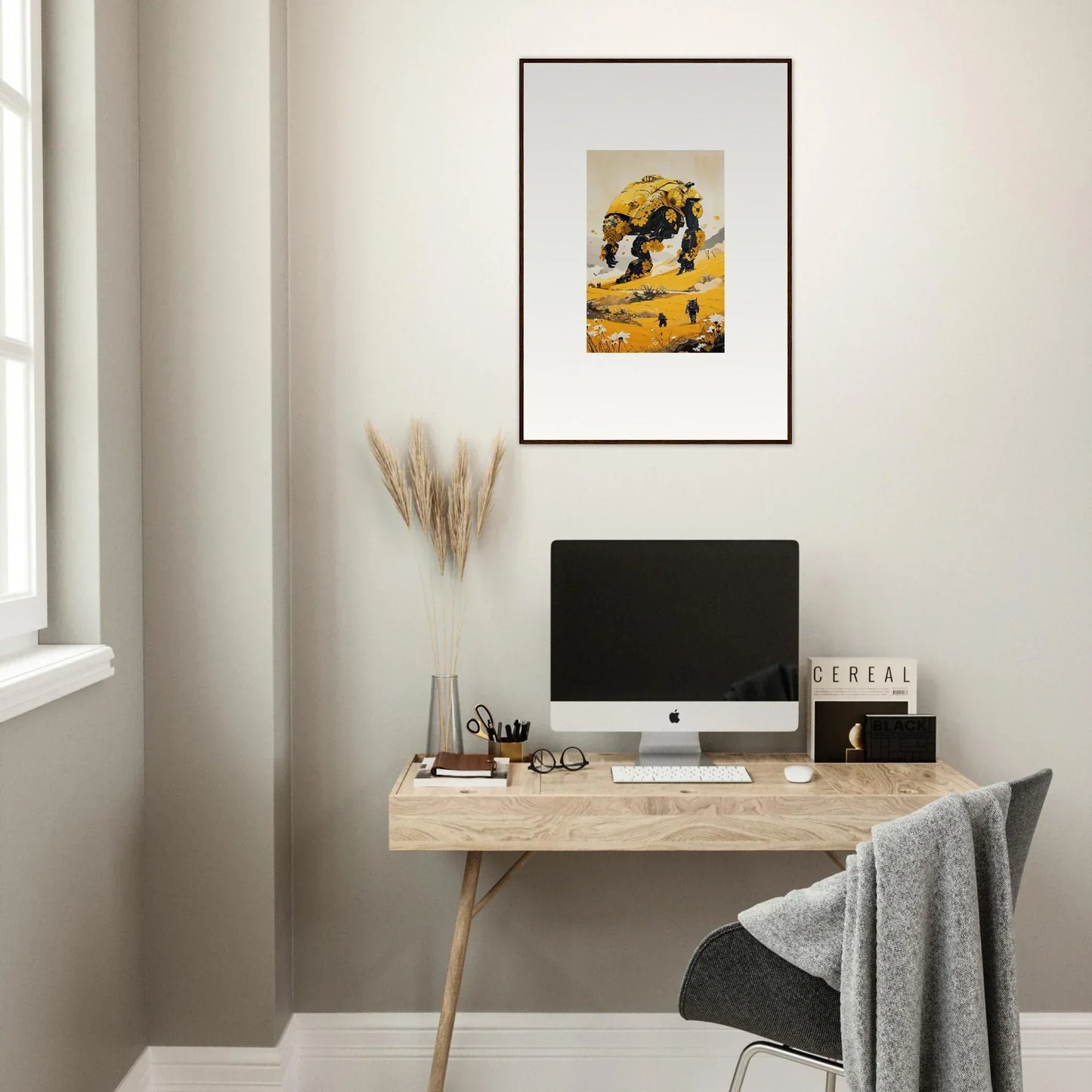 Minimalist home office with wooden desk, computer, and tranquil Mech canvas print