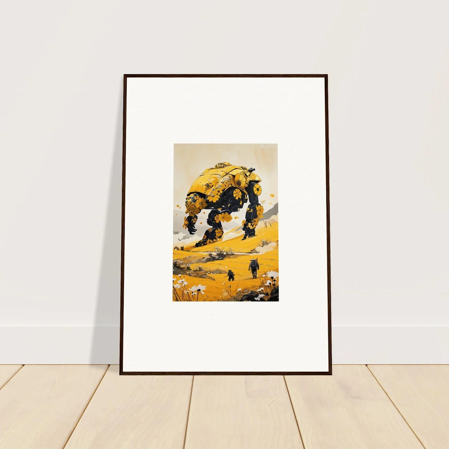 Framed canvas print of a tranquil mech elephant in a vibrant yellow landscape