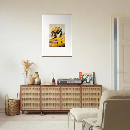 Framed abstract canvas print with yellow and black for tranquil mech room decoration