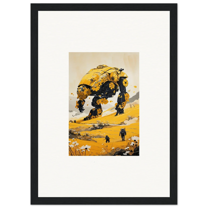 A yellow tranquil mech with multiple legs strolling across a vibrant landscape canvas print