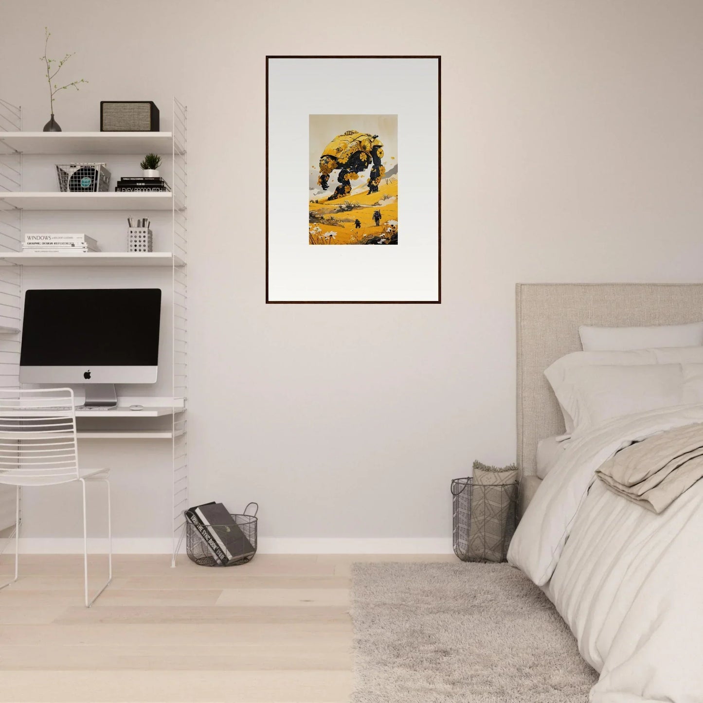 Framed canvas print of a surreal desert scene, perfect for tranquil mech room decoration