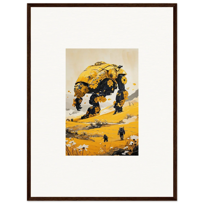 Yellow tranquil mech on four legs walking through a vibrant landscape canvas print