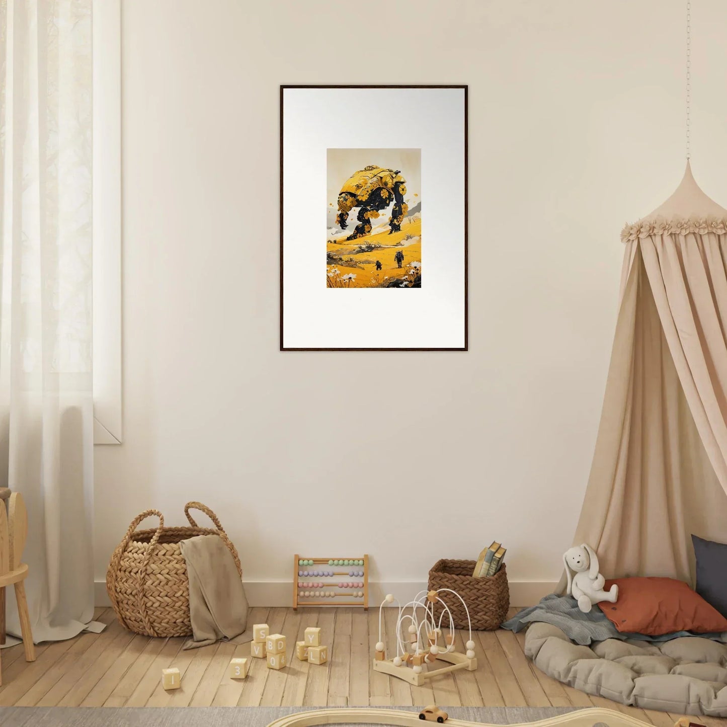 Framed canvas print of a tranquil mech elephant in a bright yellow landscape