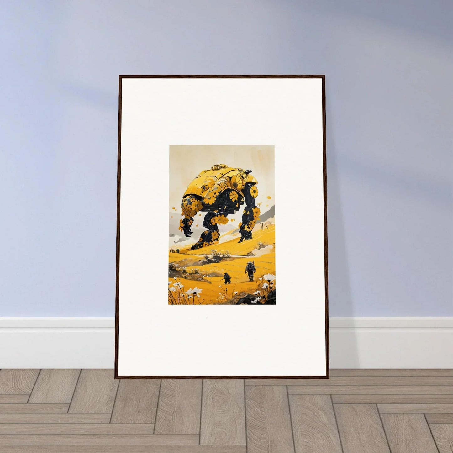 Framed canvas print of a tranquil mech in a yellow field for stylish room decoration