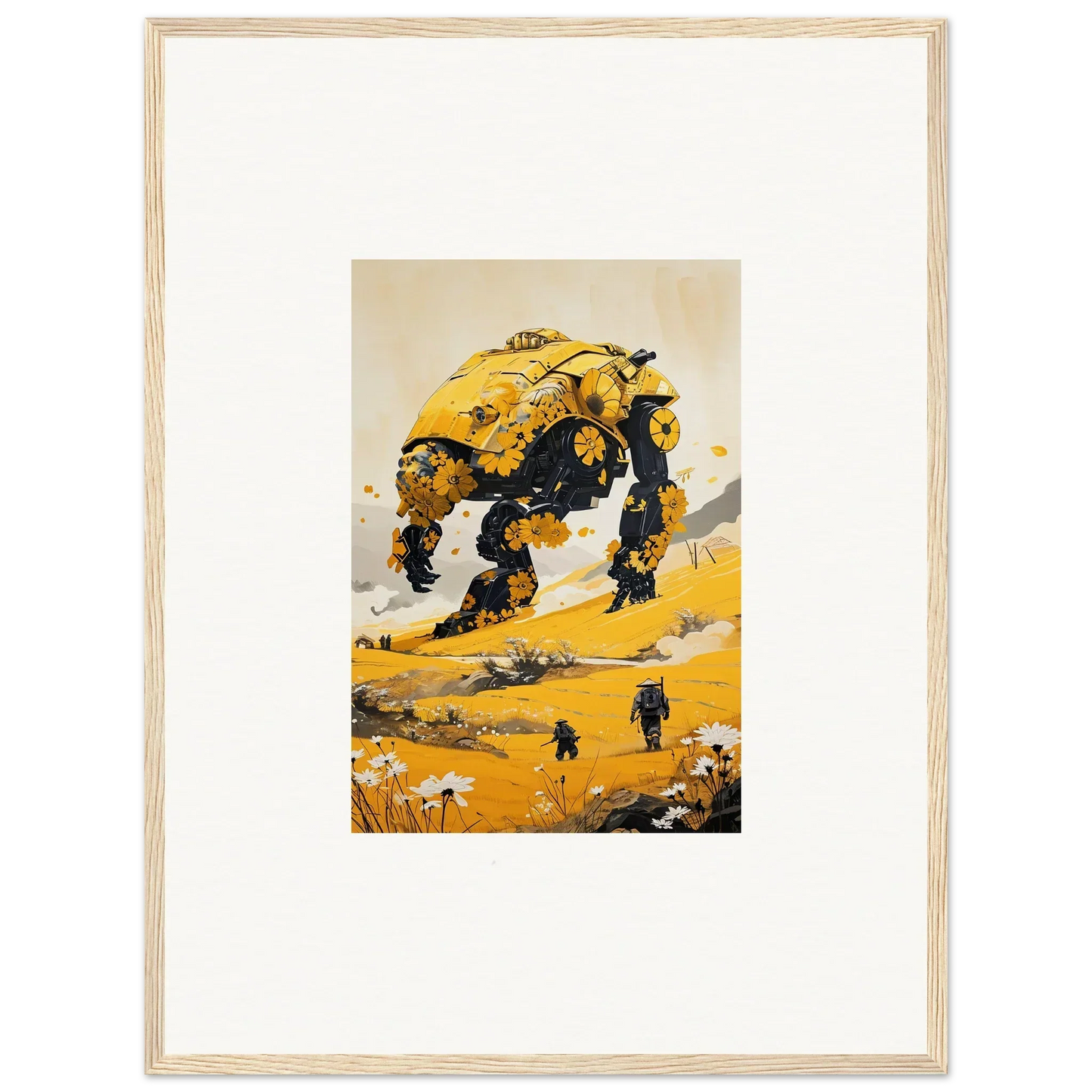 Yellow robotic creature in a crouched stance for a tranquil mech room decoration canvas print