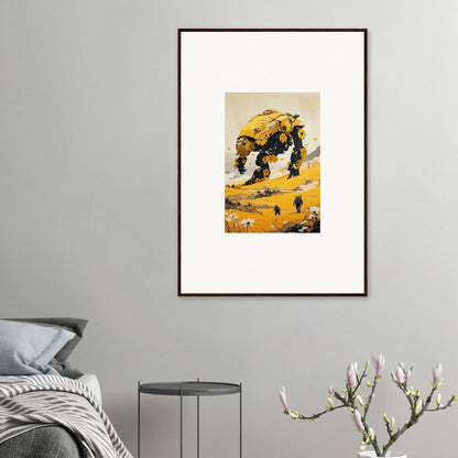 Framed abstract canvas print with stylized figures on yellow, perfect for tranquil mech room decoration