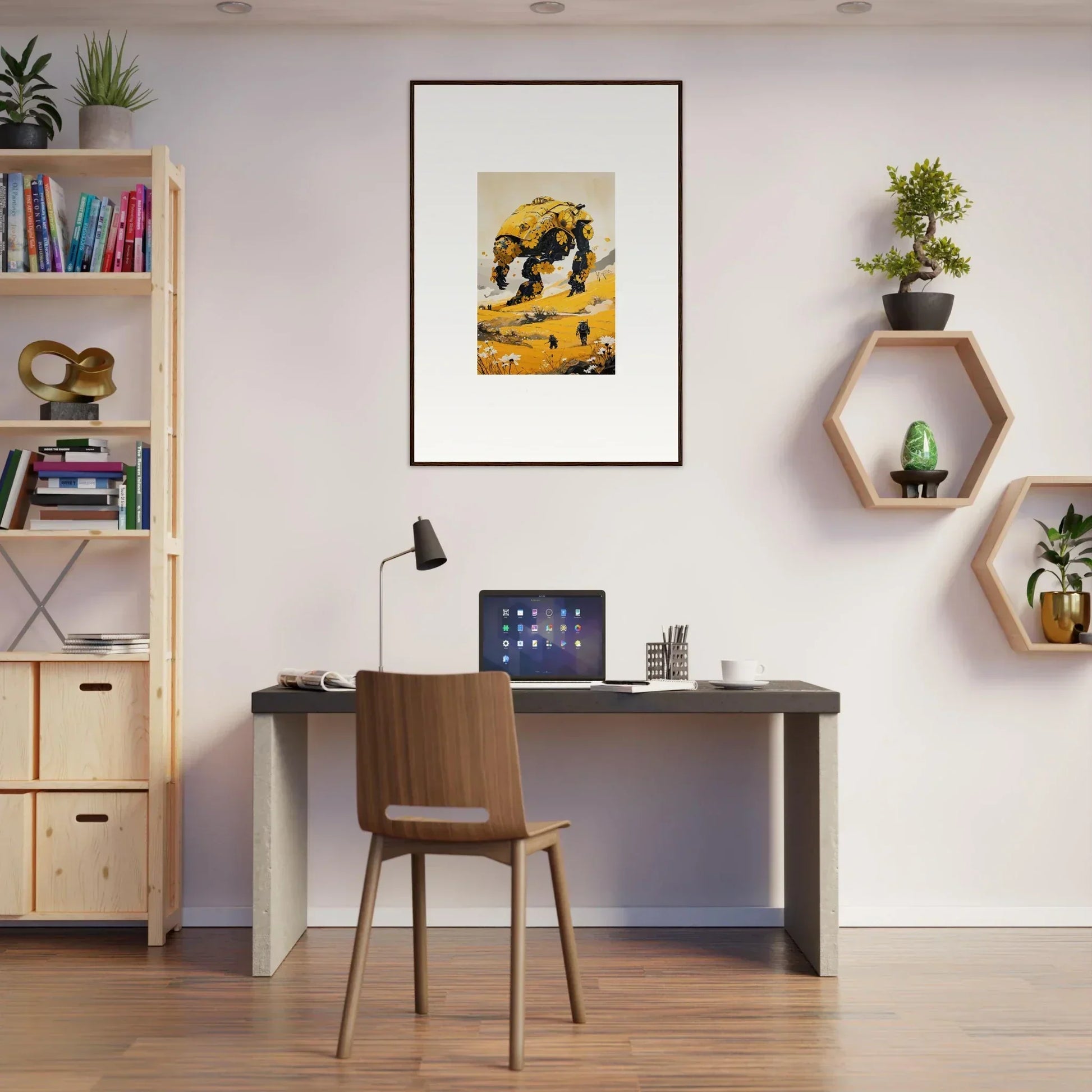 Modern home office with a tranquil mech vibe, stylish desk, chair, and decor shelves