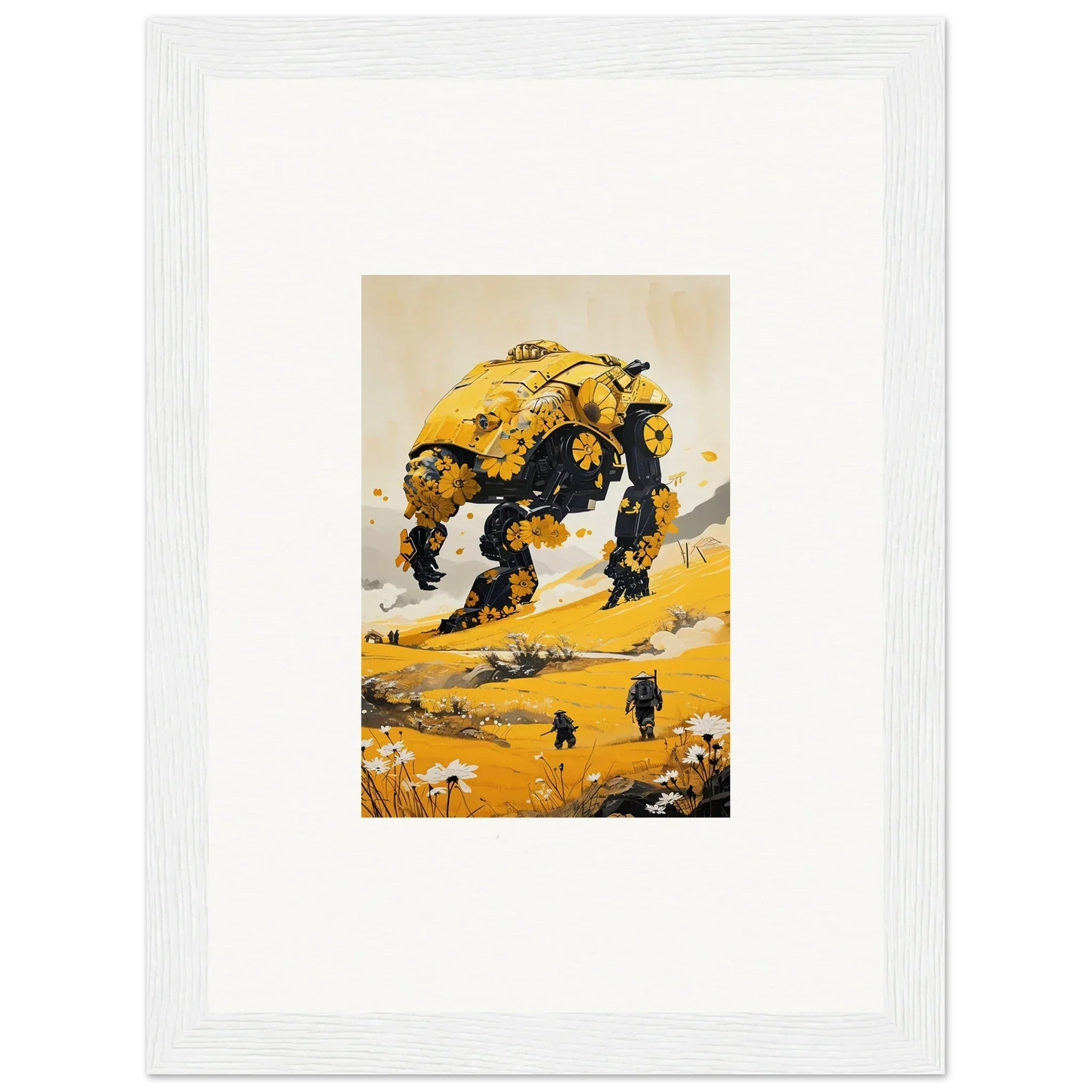 Yellow tranquil mech walker striding across a landscape, perfect for room decoration canvas print