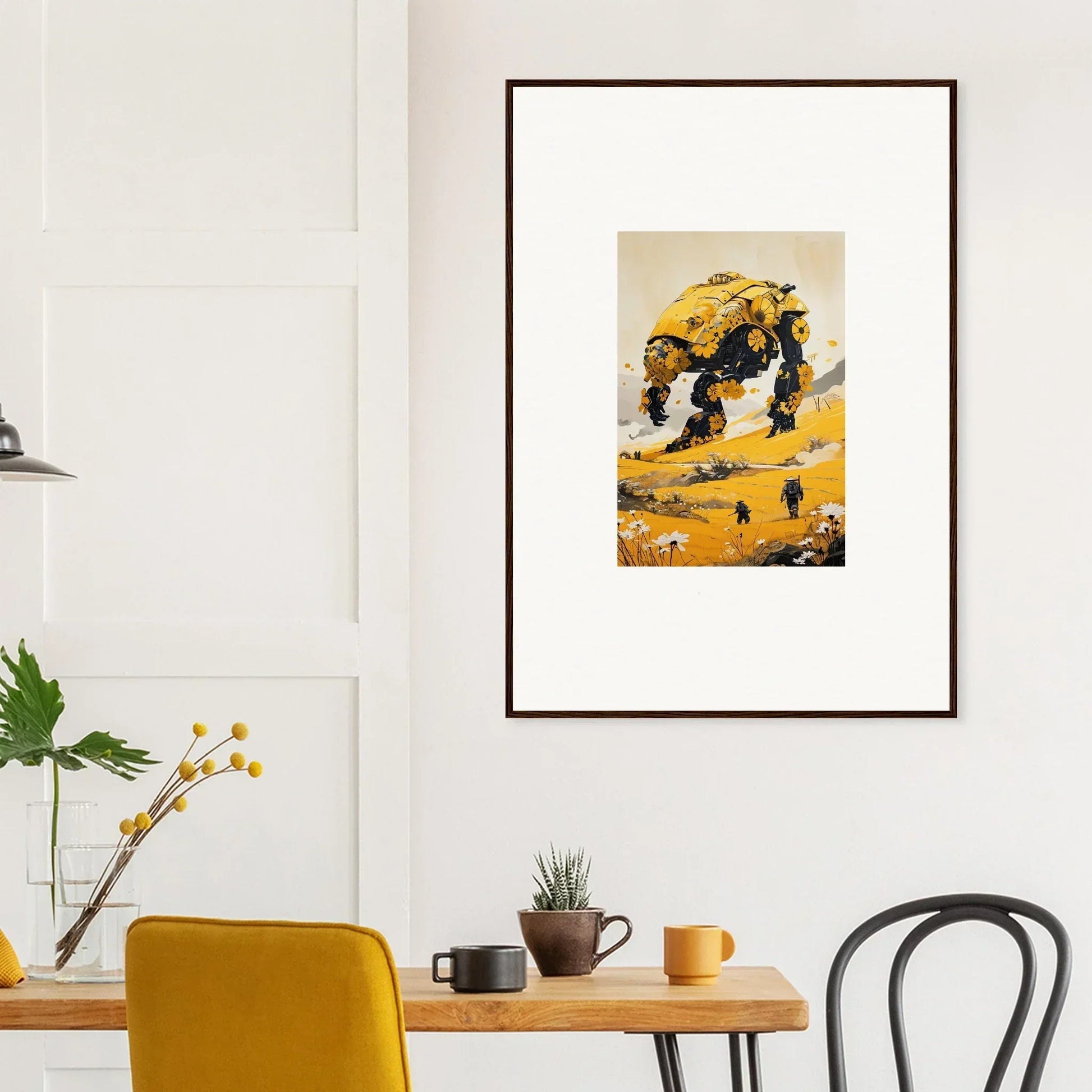 Framed canvas print of a tranquil mech in a colorful landscape for cool room decoration