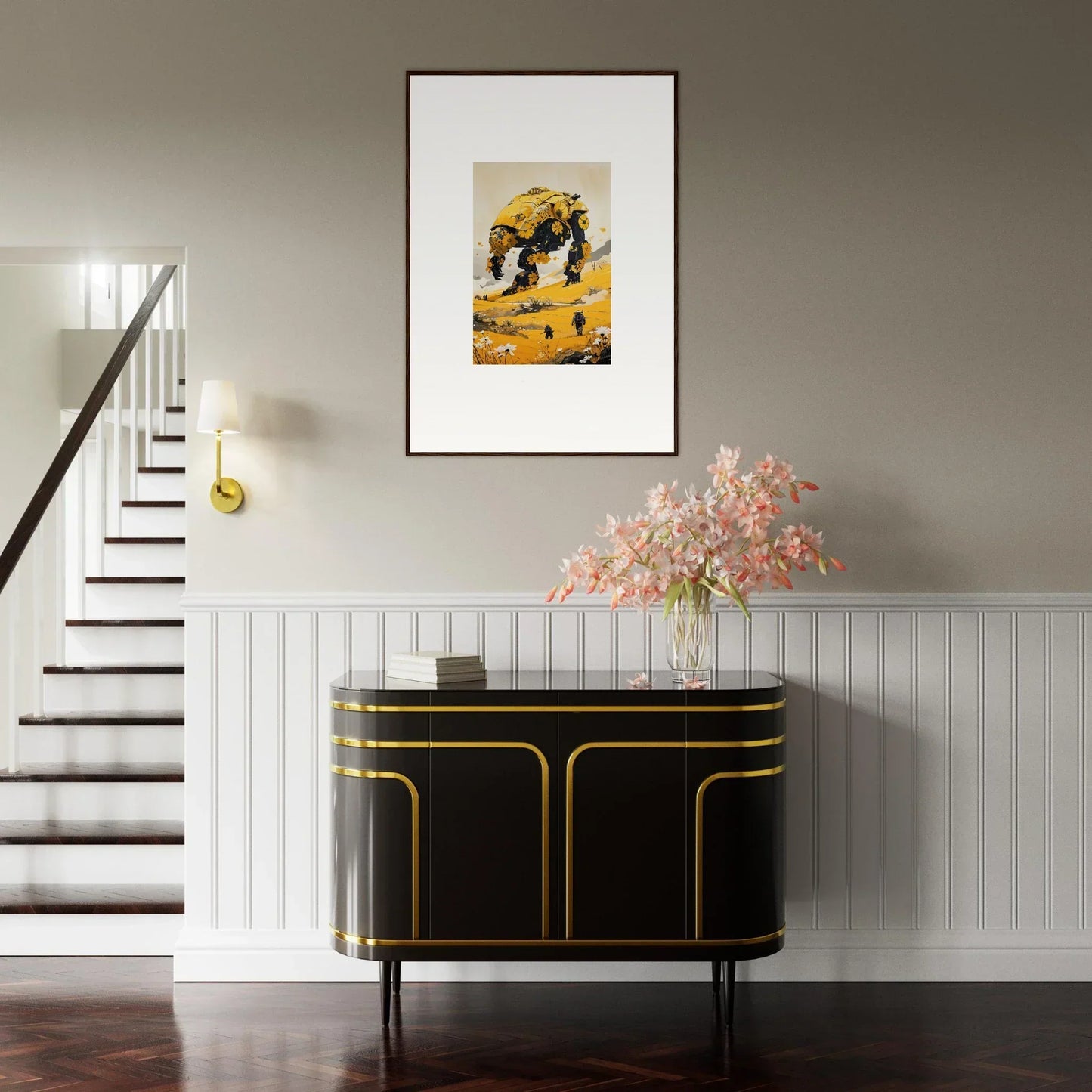 Elegant black and gold sideboard perfect for tranquil mech room decoration