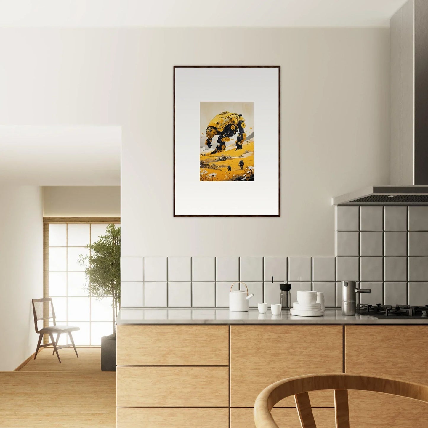 Framed canvas print of a tranquil mech with umbrella on a vibrant yellow-orange background