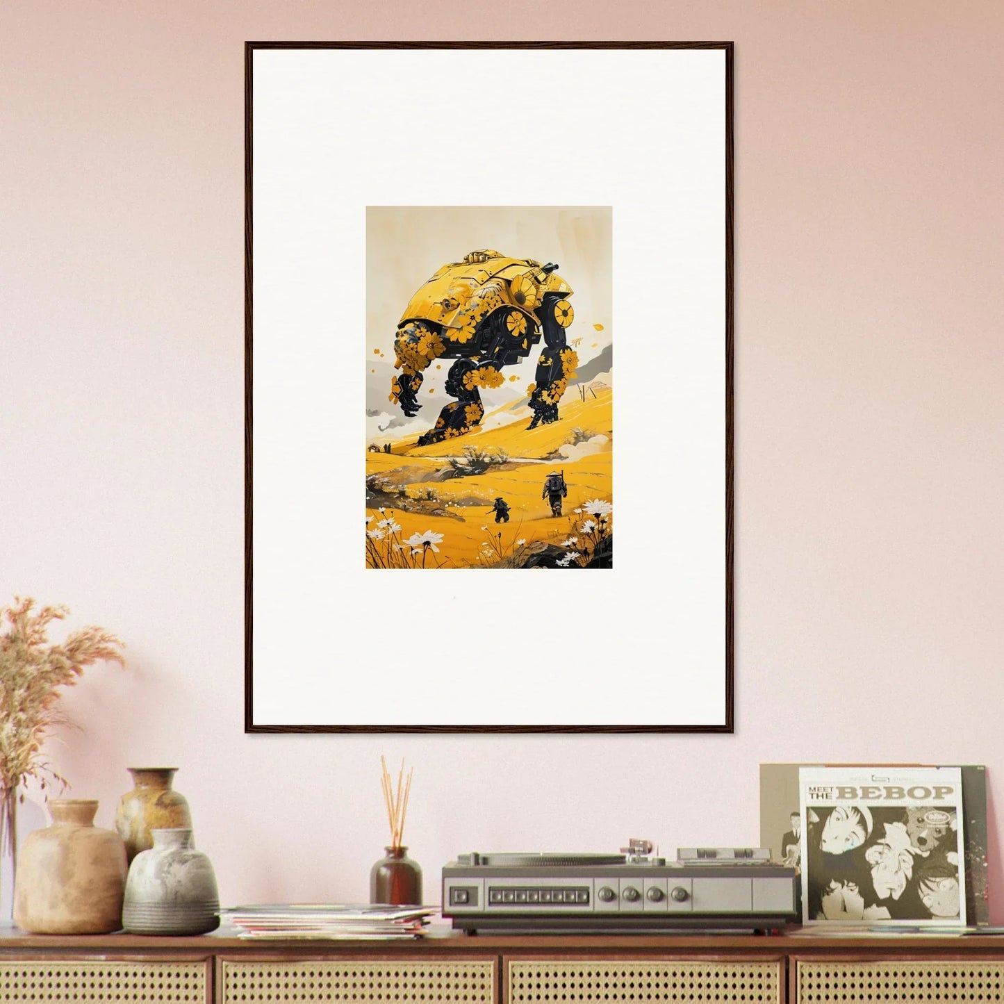 Framed canvas print of a tranquil mech in a desert landscape for cool room decoration