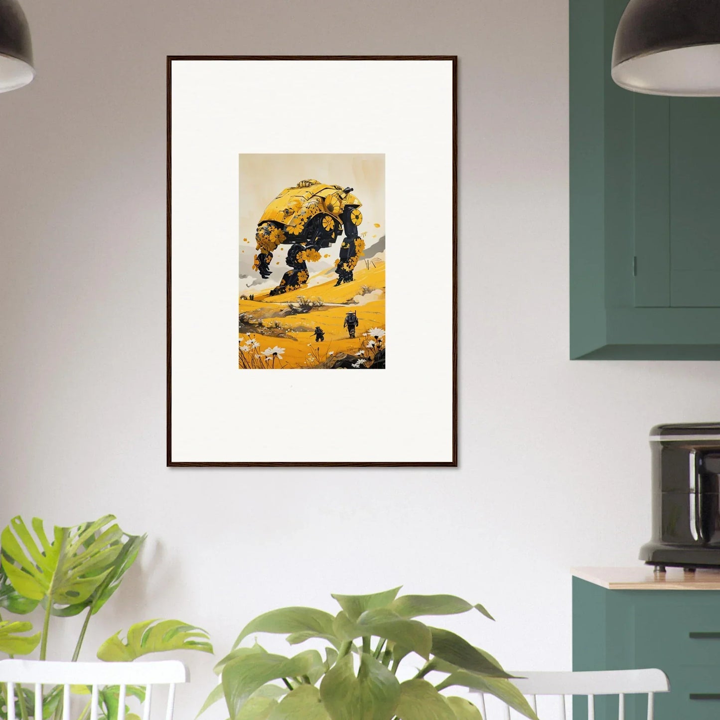 Framed canvas print of a tranquil mech in a desert landscape for unique room decoration