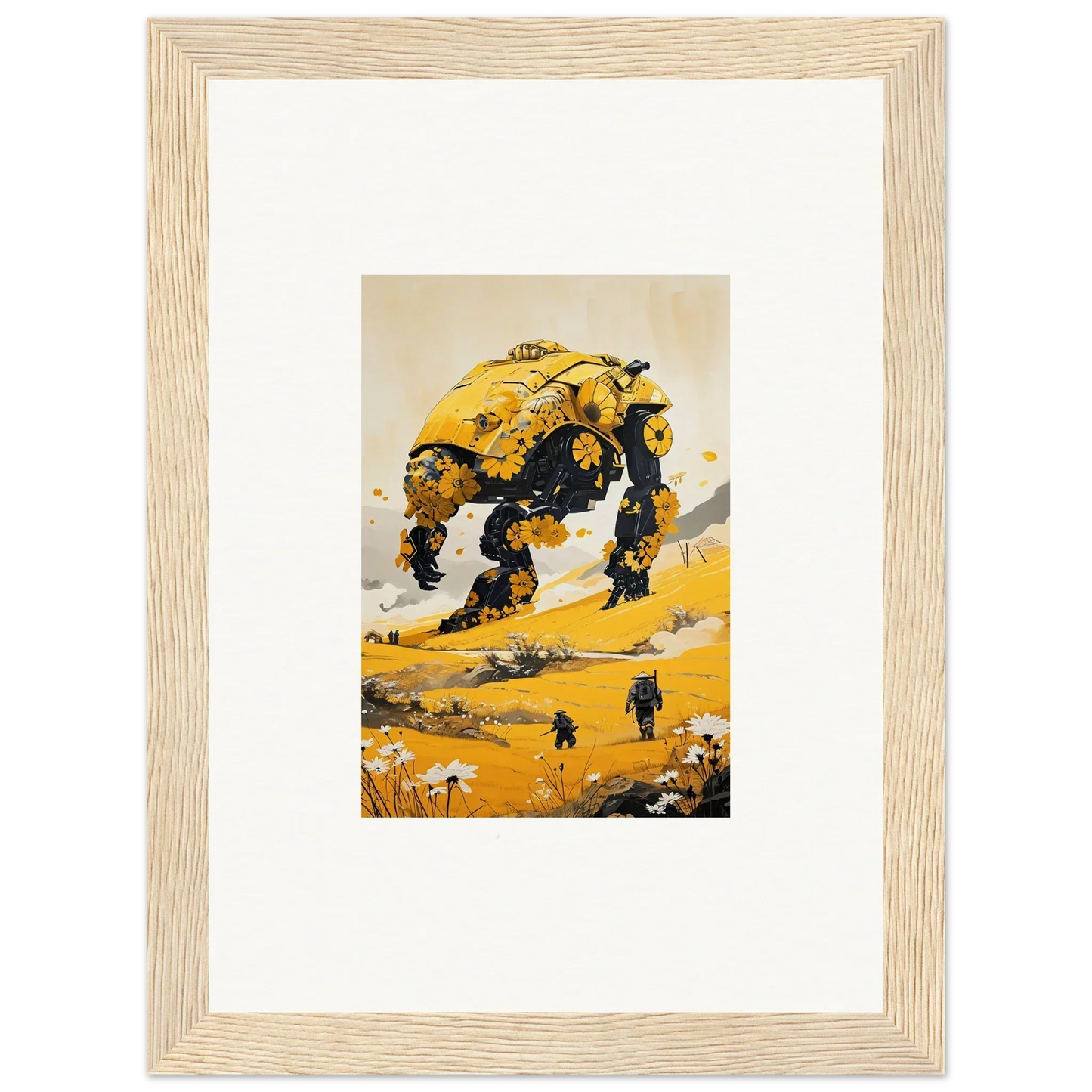 Yellow tranquil mech walking in a desert, perfect for room decoration canvas print