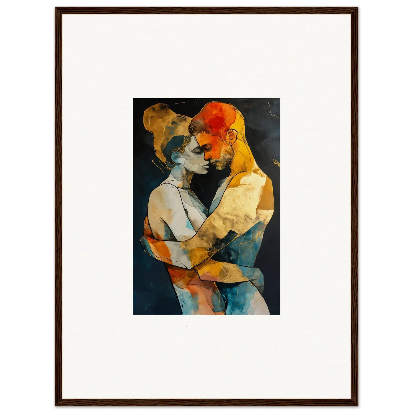 Abstract painting of two embracing figures in warm geometric shapes for your room decoration