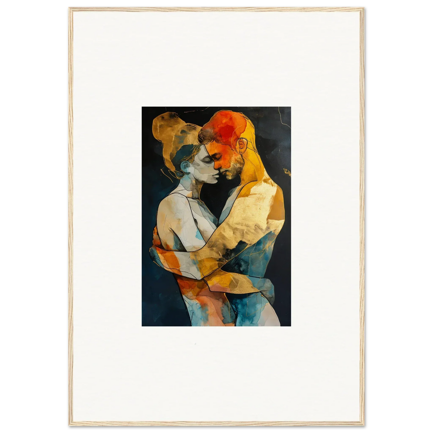 Abstract painting of two embracing figures in vibrant colors, perfect for room decoration