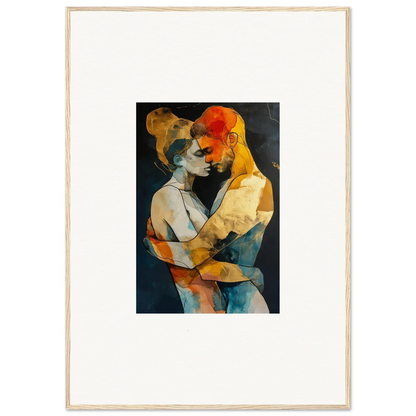 Abstract painting of two embracing figures in vibrant colors, perfect for room decoration