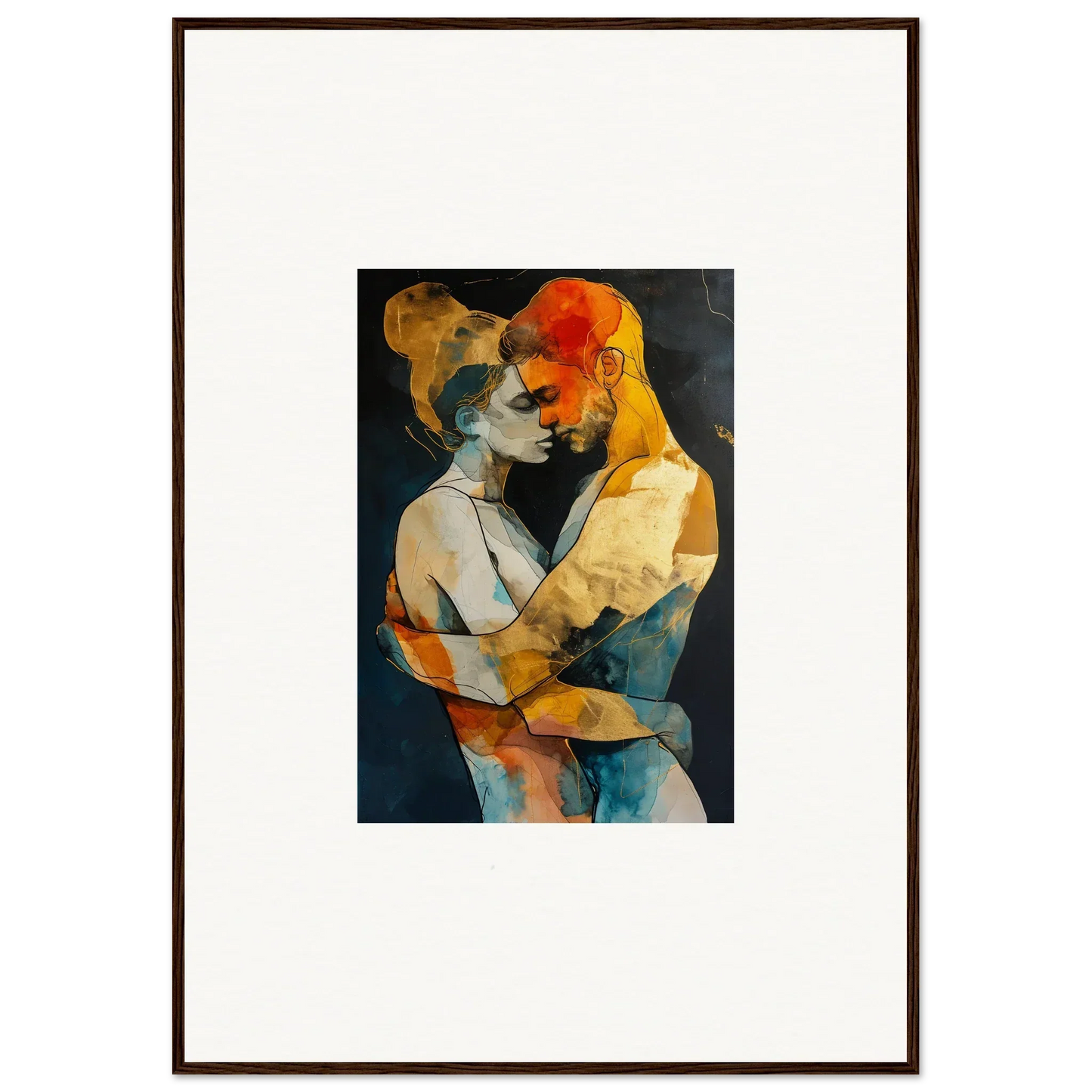 Vibrant abstract painting of embracing figures, perfect for room decoration as a canvas print