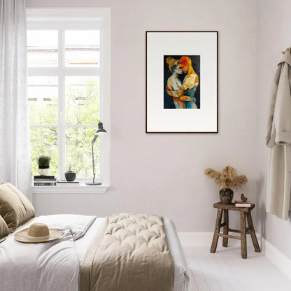 Bright, airy bedroom with white decor and a colorful Wistfulness Embrane canvas print