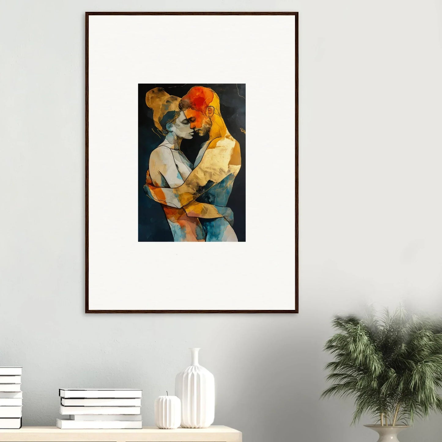 Framed abstract painting of two figures, perfect for room decoration or canvas print