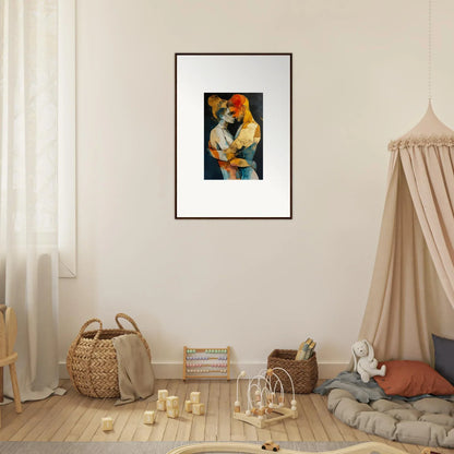 Framed canvas print of a person in yellow with child, perfect for room decoration