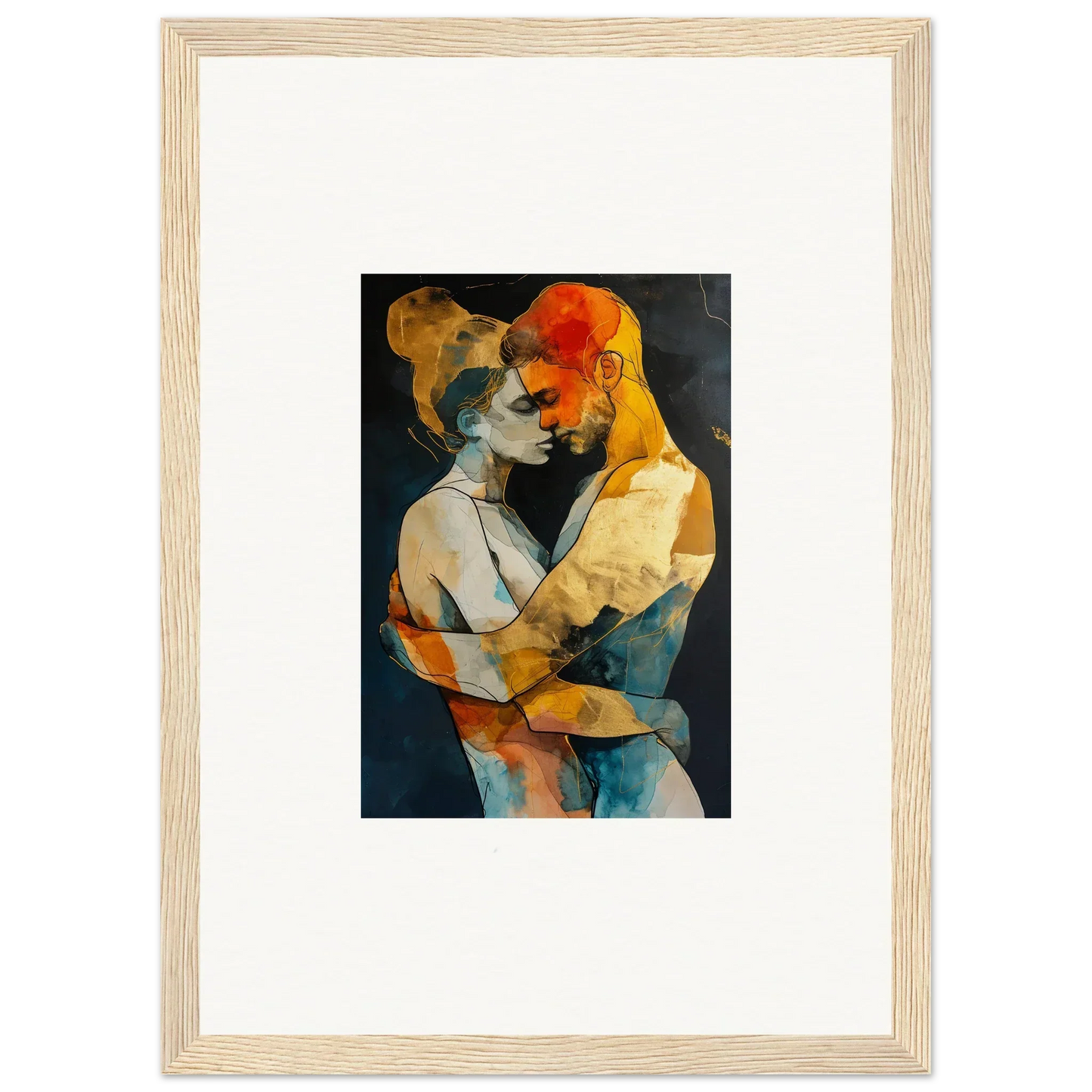 Abstract painting of two embracing figures in warm colors, perfect for room decoration