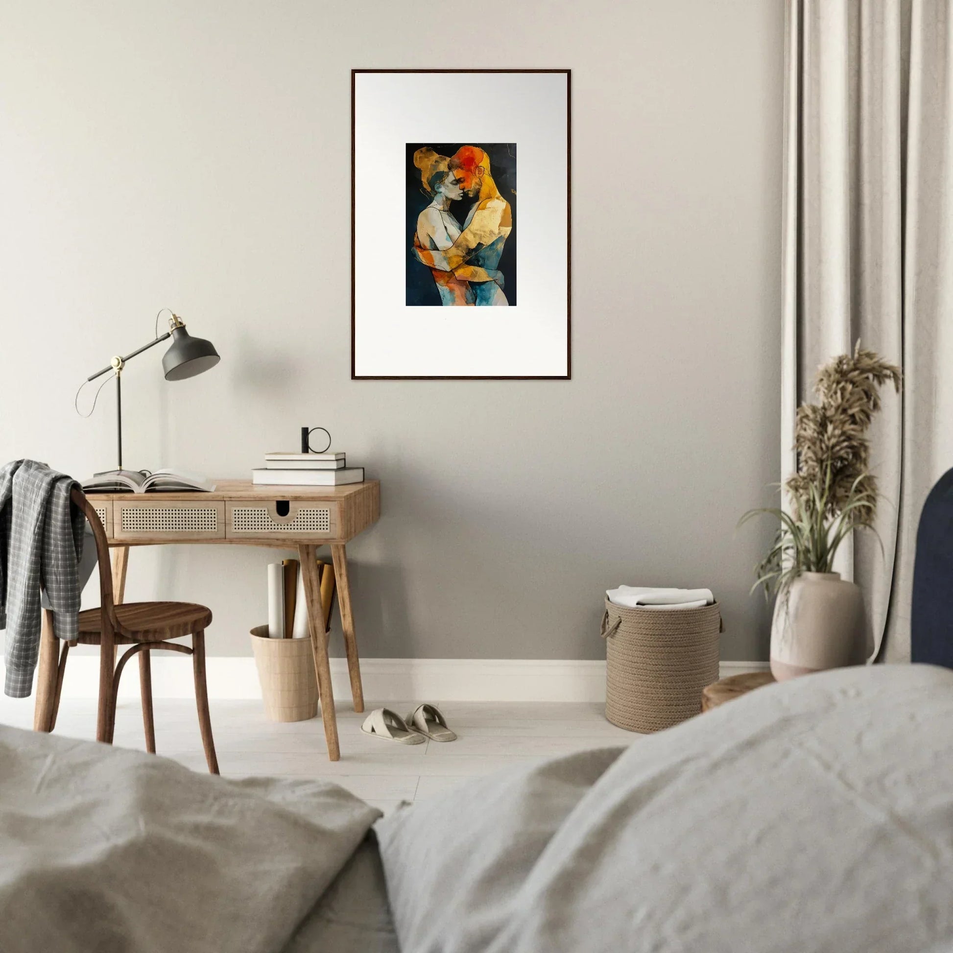 Framed colorful portrait painting of a figure with a cat for room decoration