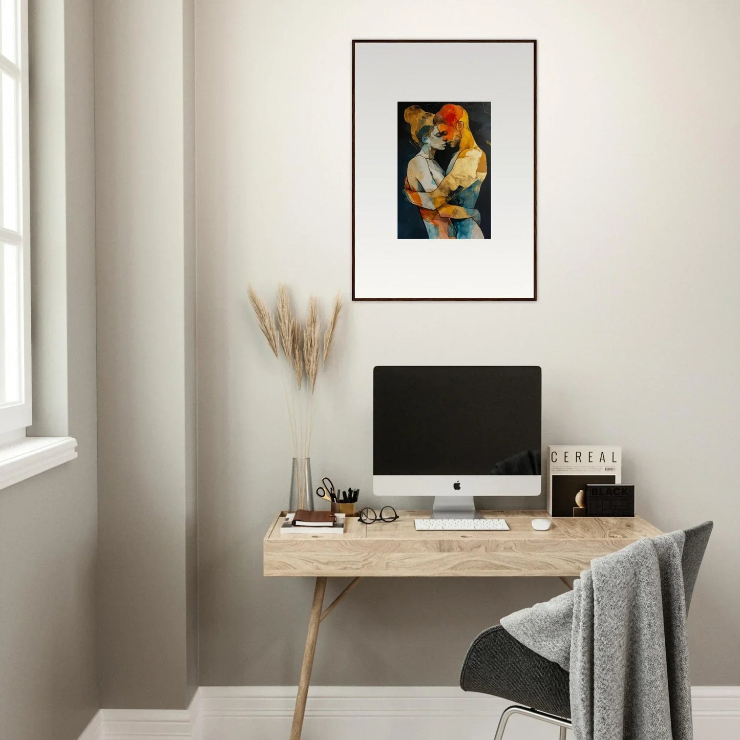 Minimalist home office with a wooden desk and Wistfulness Embrane canvas print