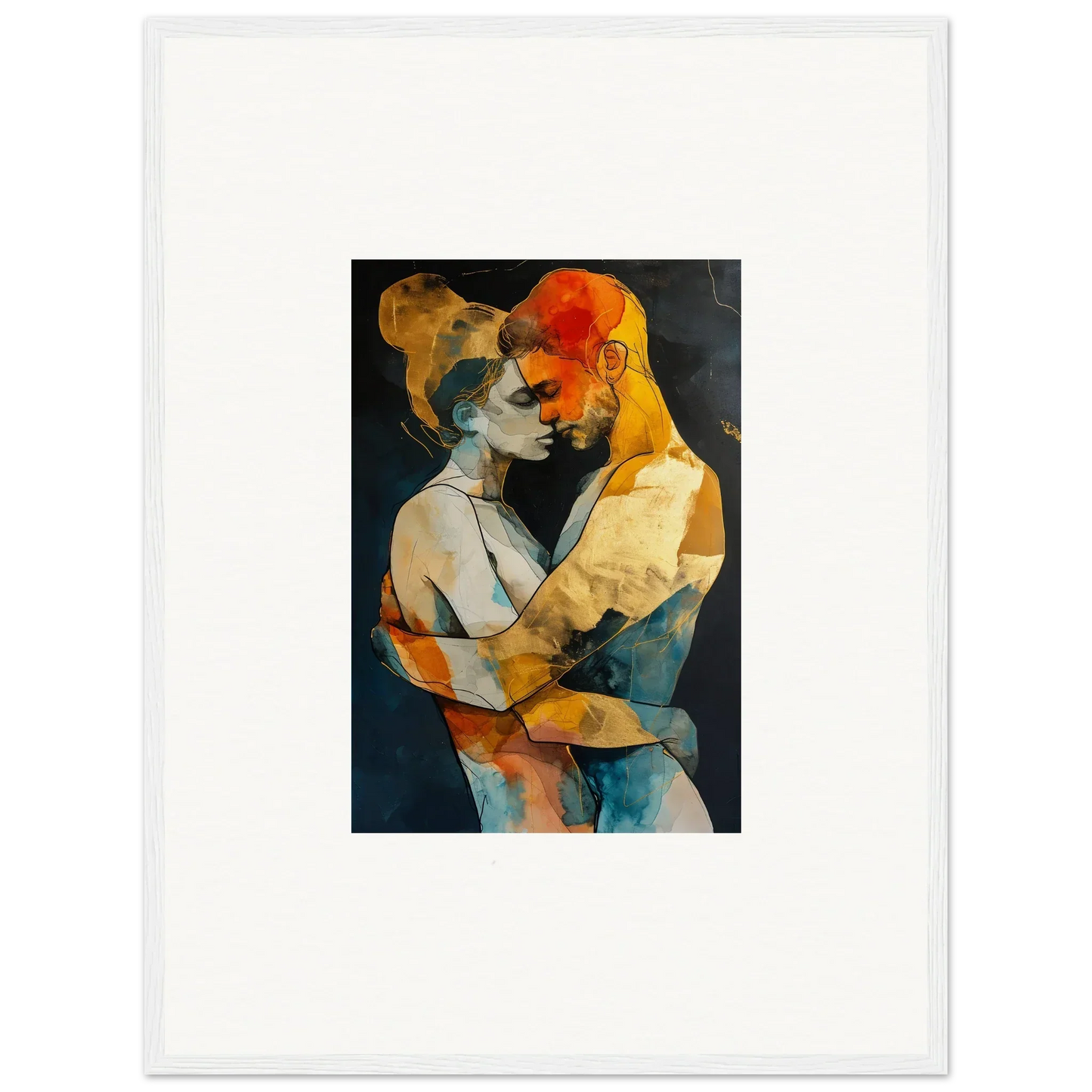 Abstract painting of two embracing figures in warm colors for room decoration