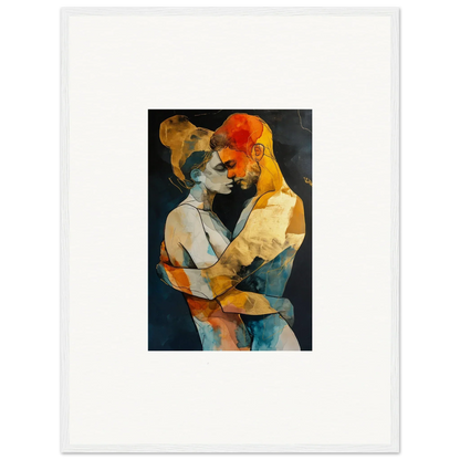 Abstract painting of two embracing figures in warm colors for room decoration