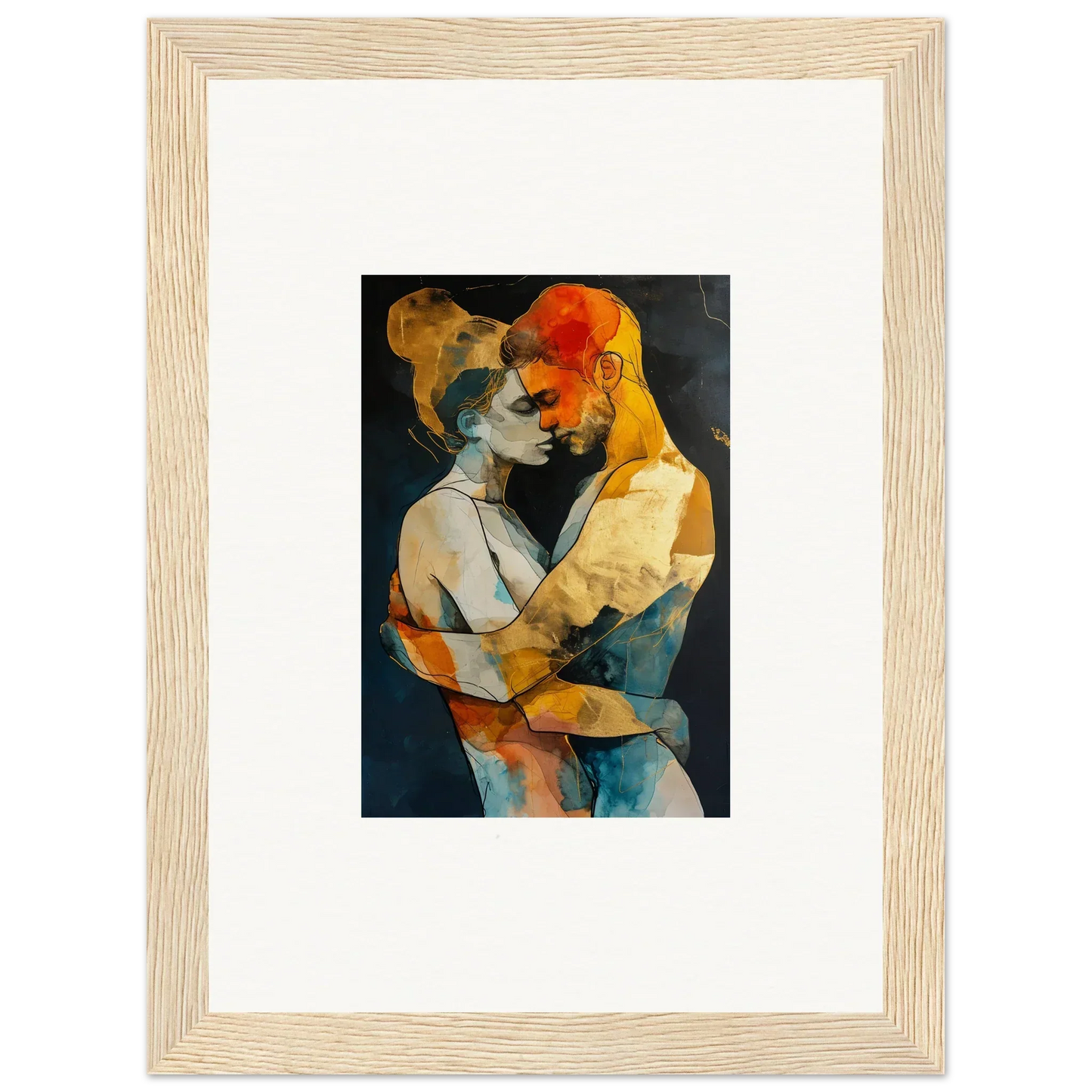 Framed abstract canvas print of embracing figures for a vibrant room decoration