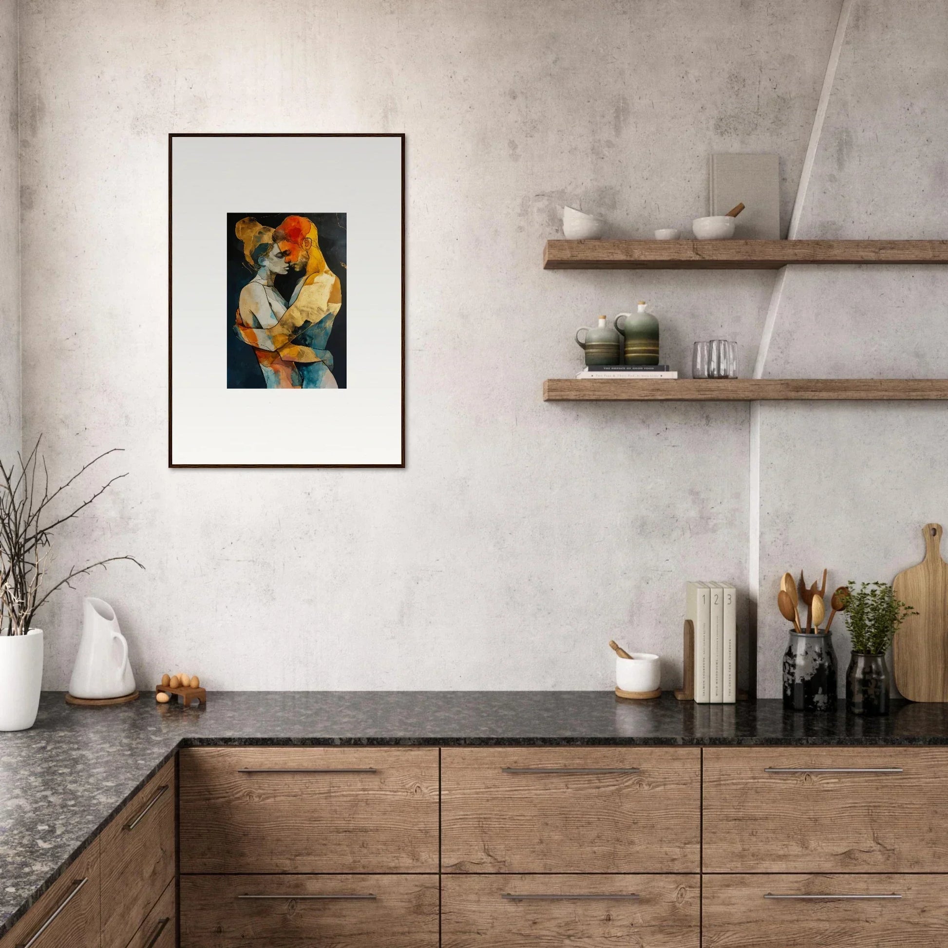 Colorful canvas print of two figures embracing, perfect for room decoration and wistfulness embrane