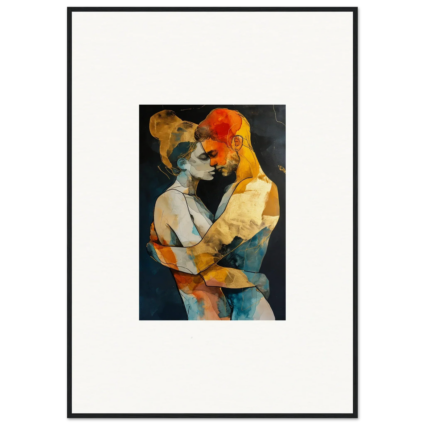 Abstract painting of embracing figures in vibrant colors for room decoration canvas print