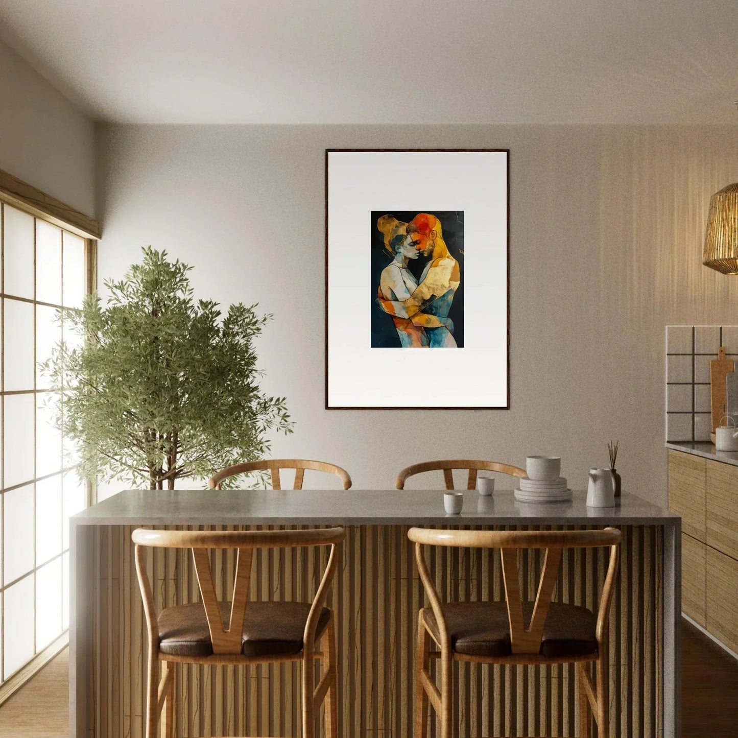 Dining area featuring a table, chairs, and a colorful canvas print for room decoration