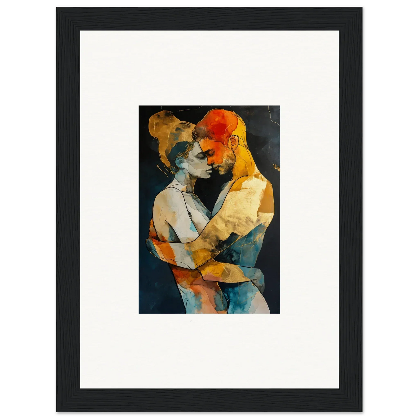 Framed abstract canvas print of two embracing figures in warm tones, perfect for wistfulness embrane room decoration