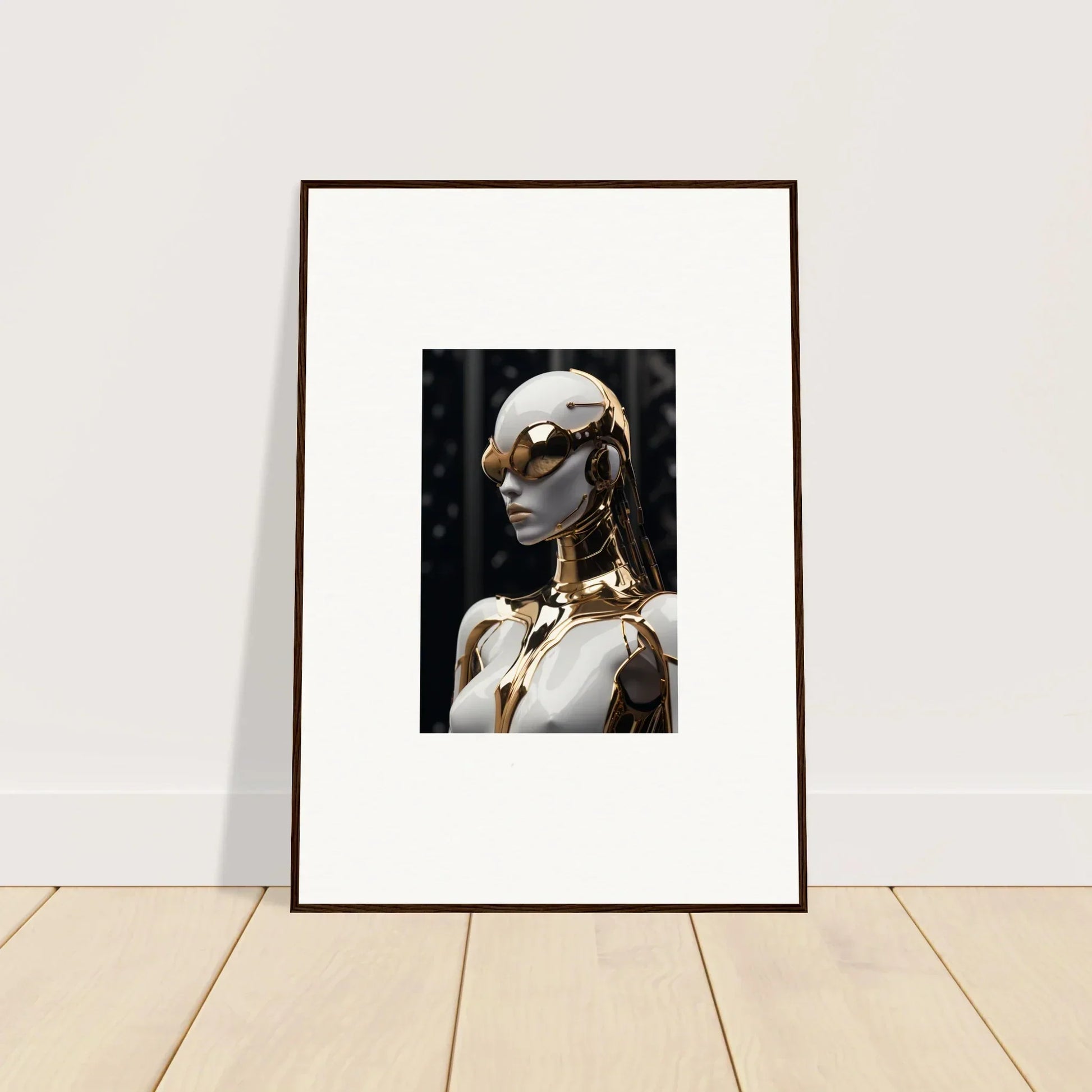 Framed wall art of a mannequin in sunglasses and gold jewelry for Psyche Glimmer decor