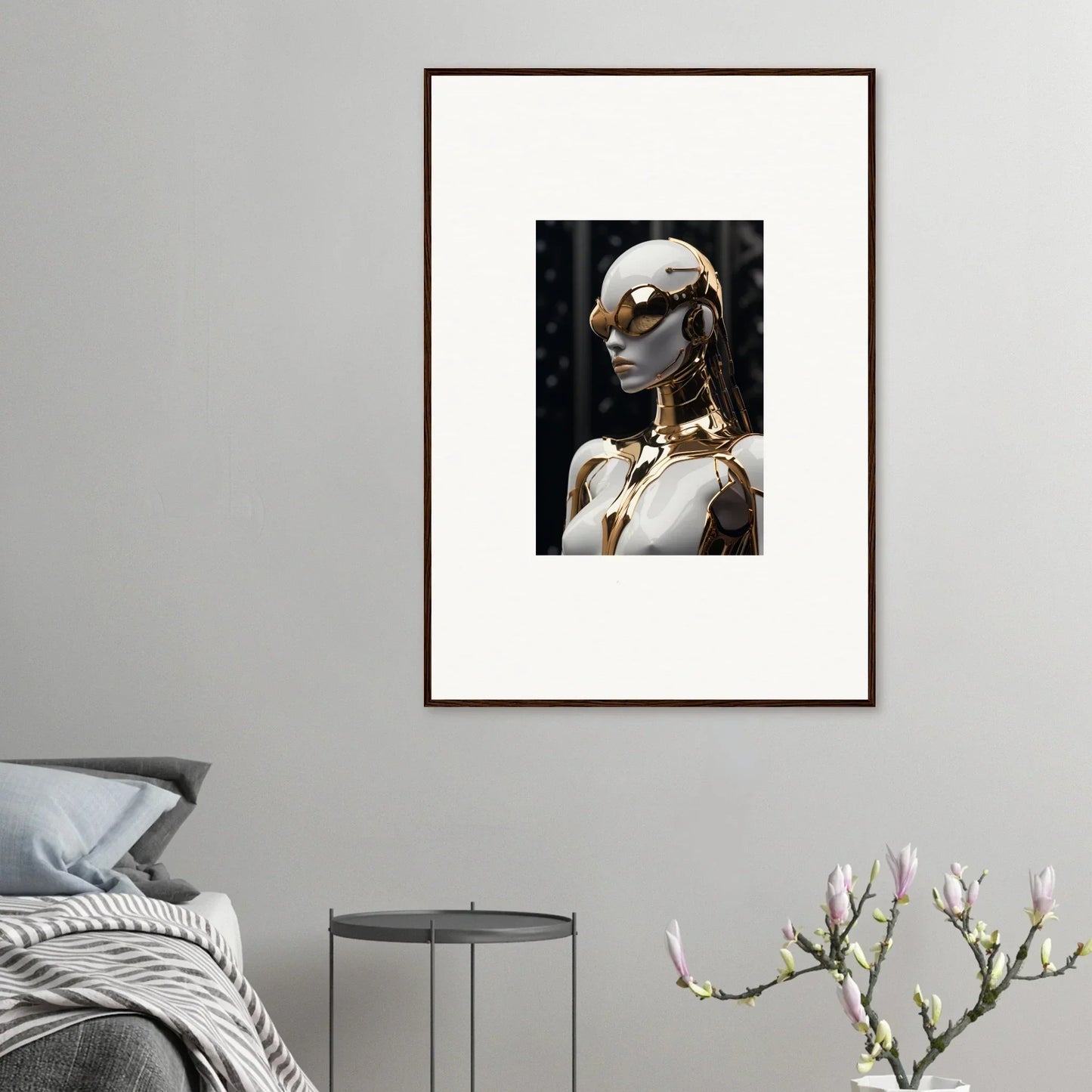 Framed wall art of a white mannequin adorned with gold jewelry for stylish room decor