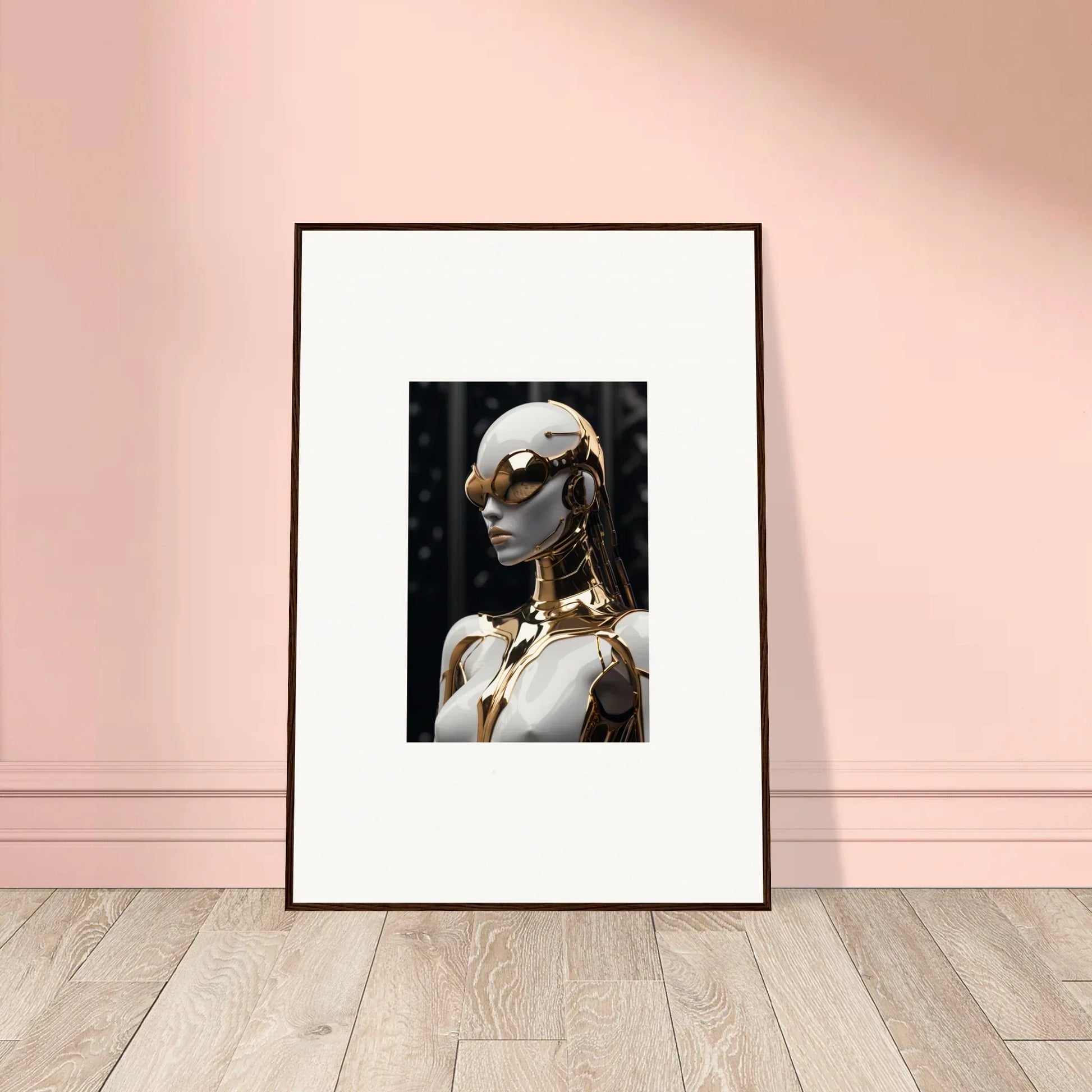 Framed wall art of a sleek humanoid robot with gold accents for modern room decor