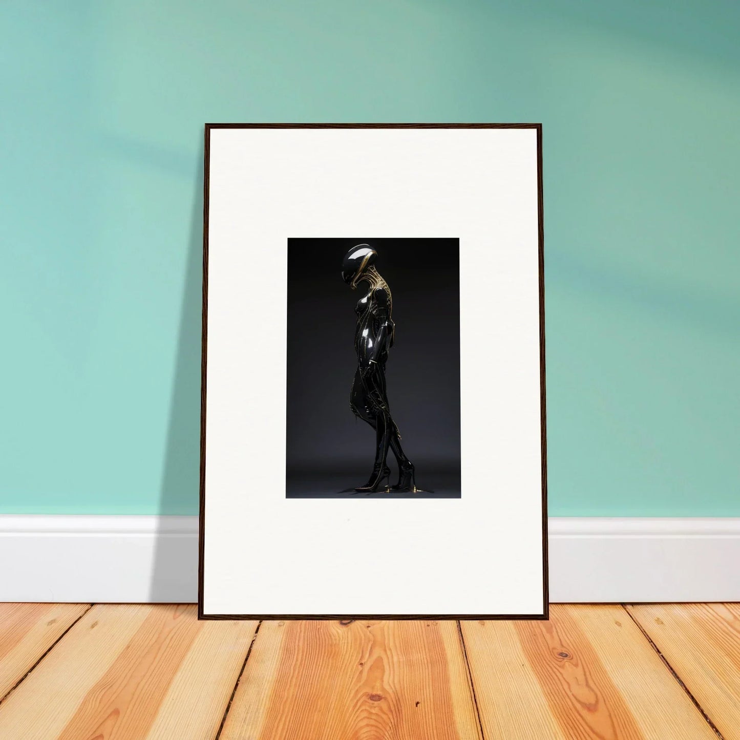 Framed black and white wall art featuring a figure in dark attire for galactic serendipity room decor