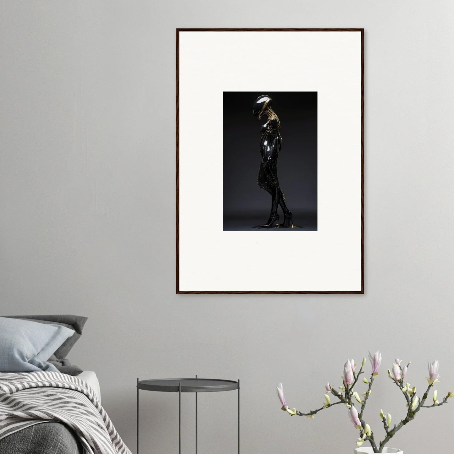 Framed black and white wall art of a silhouetted figure for galactic serendipity room decor