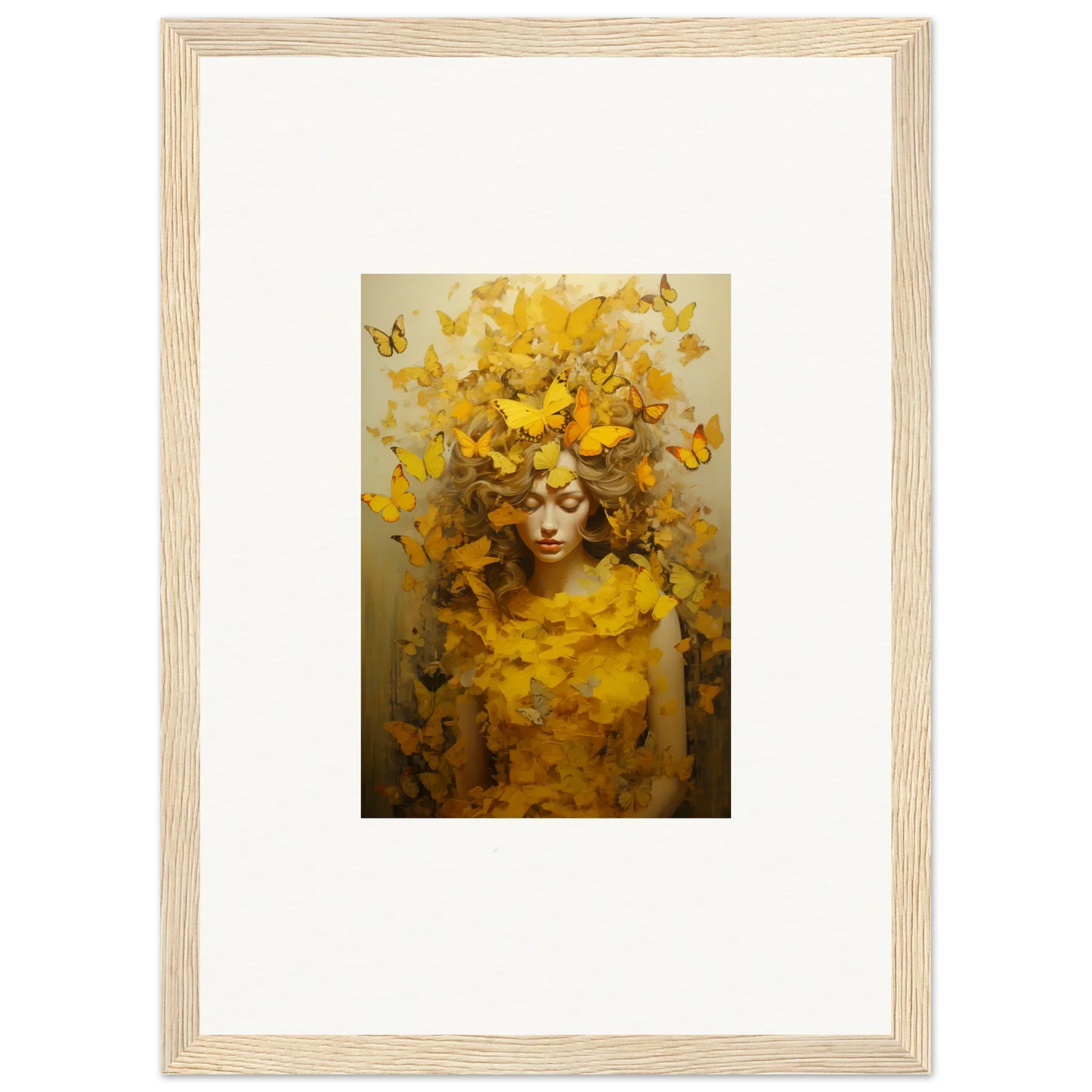 Framed canvas print of a figure with yellow butterflies for vibrant room decoration