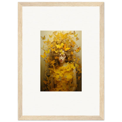 Framed canvas print of a figure with yellow butterflies for vibrant room decoration